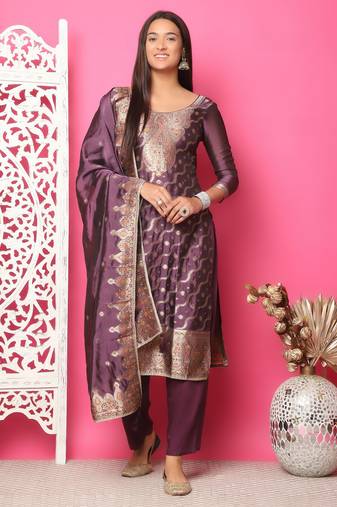 violet silk jacquard dress material