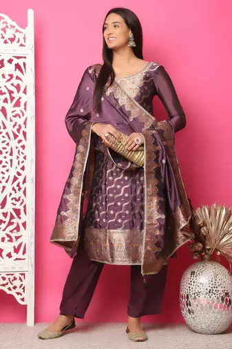 violet silk jacquard dress material