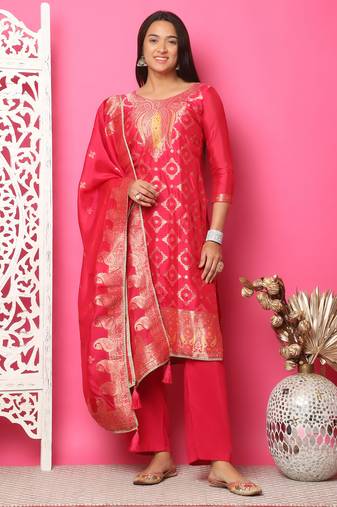 red silk jacquard dress material