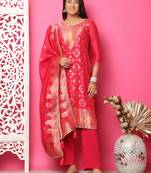 red silk jacquard dress material