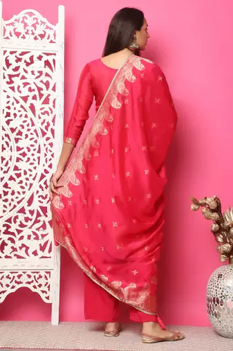 red silk jacquard dress material