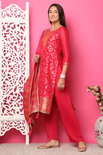 red silk jacquard dress material
