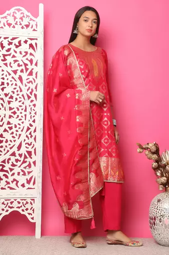 red silk jacquard dress material