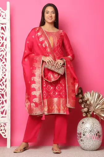 red silk jacquard dress material