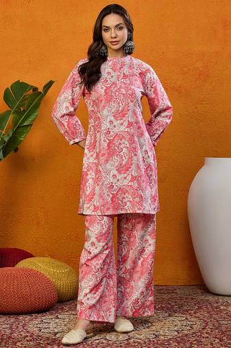 Pink printed rayon stitched readymade suit