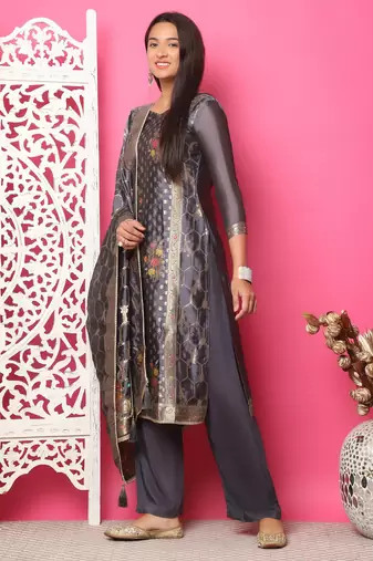 grey silk jacquard dress material