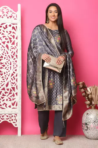 grey silk jacquard dress material