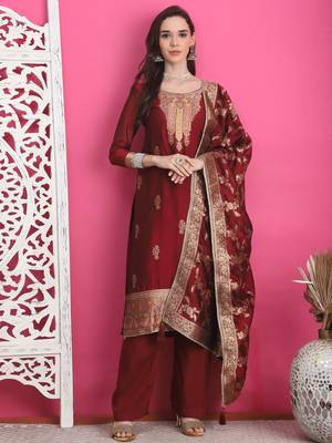maroon silk jacquard dress material 1