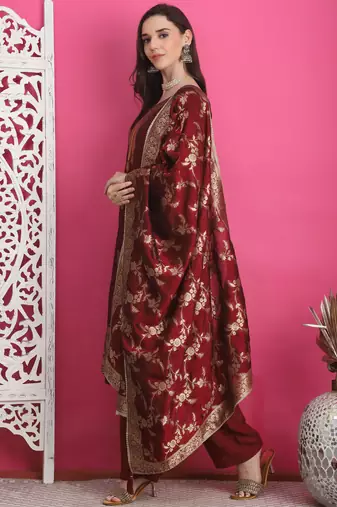 maroon silk jacquard dress material