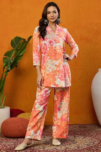Orange printed rayon stitched readymade suit