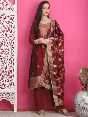 maroon silk jacquard dress material 4