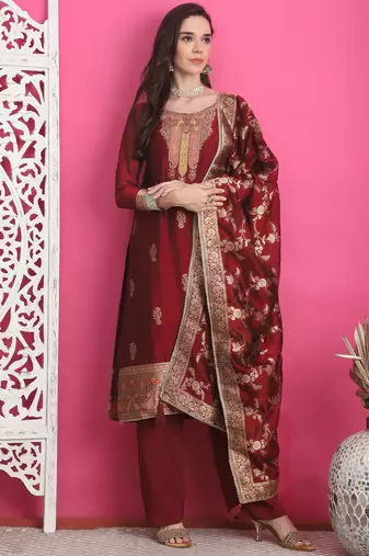 maroon silk jacquard dress material