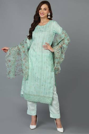 Sea green embroidered organza stitched readymade suit
