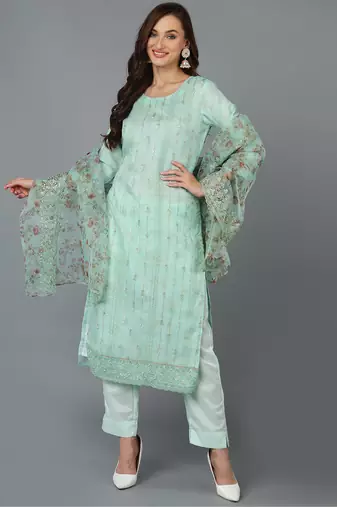 Sea green embroidered organza stitched readymade suit
