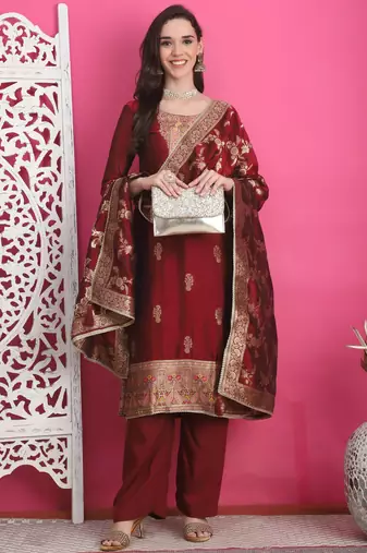 maroon silk jacquard dress material