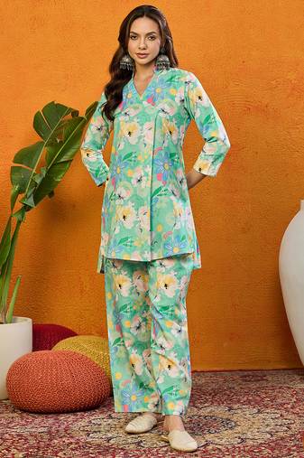 Green printed rayon stitched readymade suit