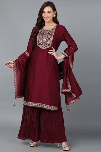 Maroon embroidered silk blend stitched readymade suit