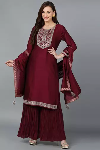 Maroon embroidered silk blend stitched readymade suit