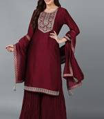 Maroon embroidered silk blend stitched readymade suit