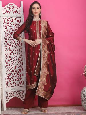 maroon silk jacquard dress material 1