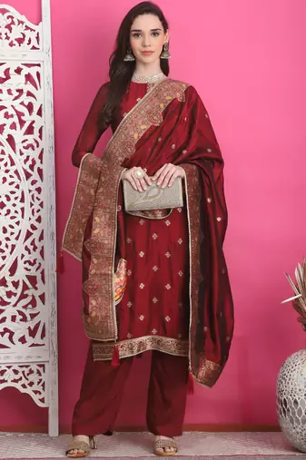 maroon silk jacquard dress material