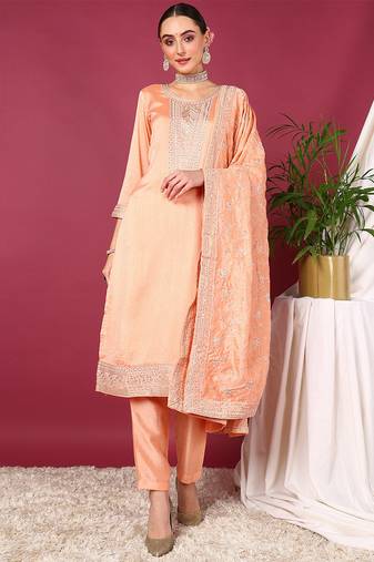Peach printed silk blend stitched readymade suit