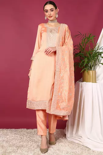 Peach printed silk blend stitched readymade suit