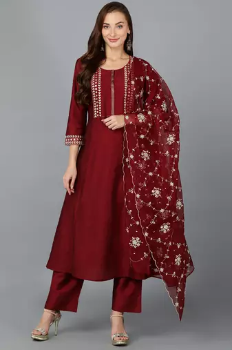 Maroon printed silk blend stitched readymade suit
