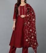 Maroon printed silk blend stitched readymade suit