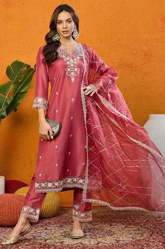 Maroon embroidered silk blend stitched readymade suit