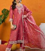 Maroon embroidered silk blend stitched readymade suit