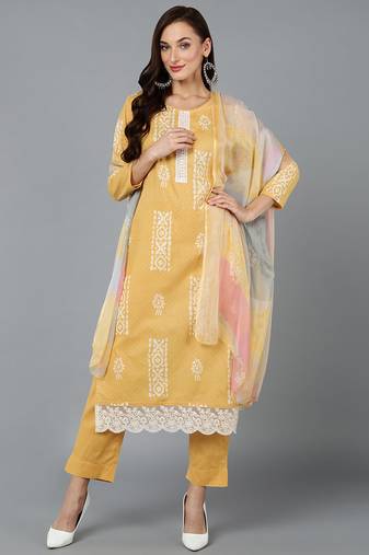 Yellow printed silk blend stitched readymade suit