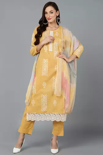 Yellow printed silk blend stitched readymade suit