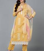 Yellow printed silk blend stitched readymade suit