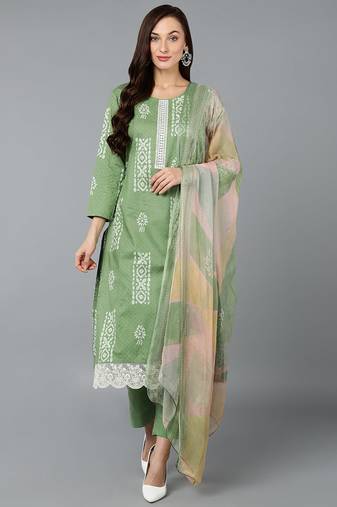 Green printed silk blend stitched readymade suit