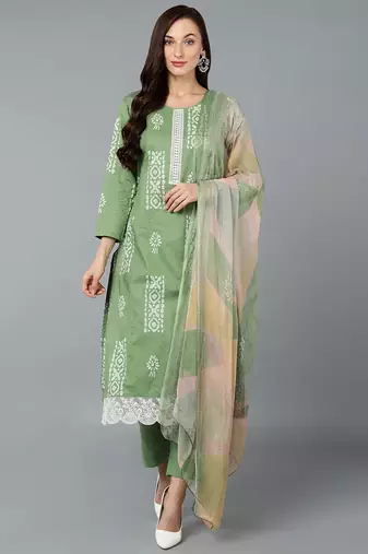 Green printed silk blend stitched readymade suit