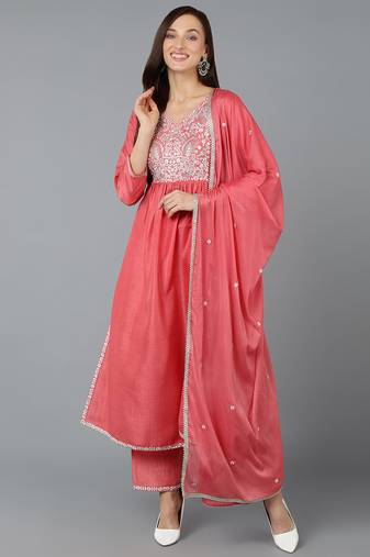 Pink printed silk blend stitched readymade suit