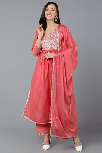 Pink printed silk blend stitched readymade suit