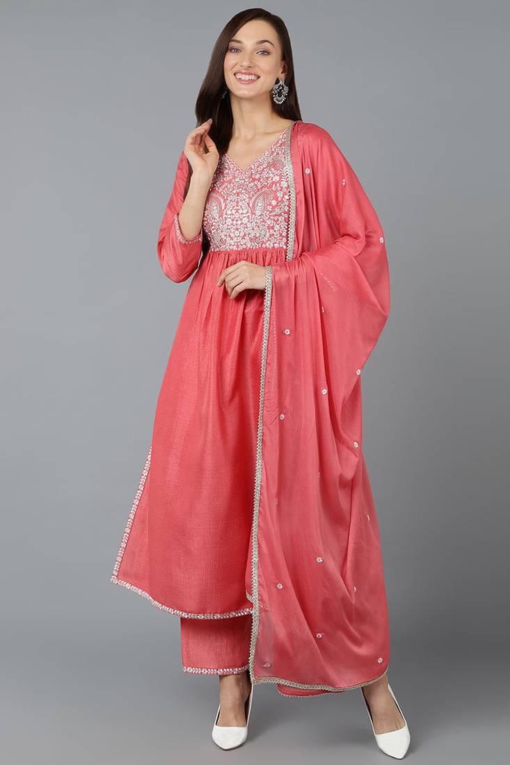 Pink printed silk blend stitched readymade suit