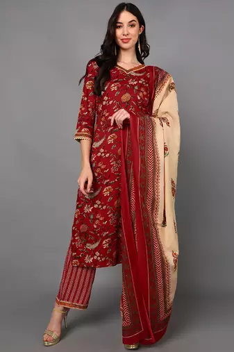 Red printed cotton stitched readymade suit