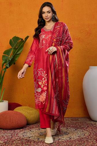 Red printed silk blend stitched readymade suit