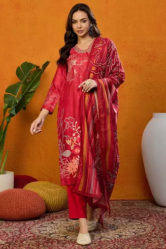 Red printed silk blend stitched readymade suit