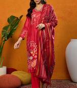 Red printed silk blend stitched readymade suit
