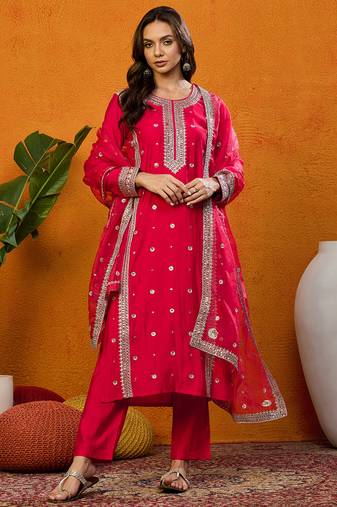 Red embroidered silk blend stitched readymade suit