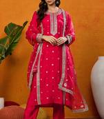 Red embroidered silk blend stitched readymade suit