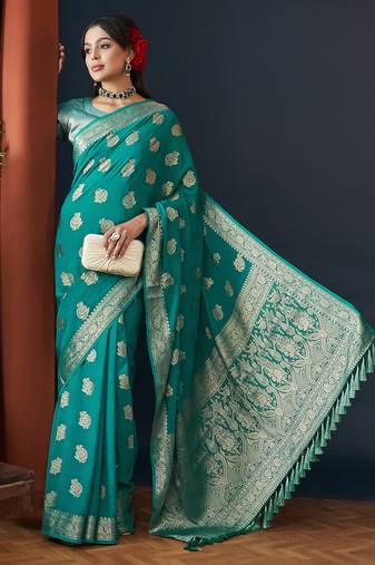 Aqua Blue Zari Work Pure Georgette Traditional Saree With Blouse