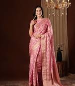 Pink Zigzag Zari Work Pure Georgette Traditional Saree With Blouse