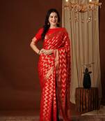 Red Zigzag Zari Work Pure Georgette Traditional Saree With Blouse