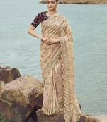Lavender And Beige Shadded Color Cord Work Net Partywear Saree With Blouse Fabric