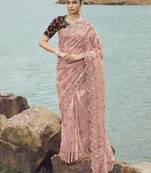 Pink Color Cord And Thread Work Net Partywear Saree With Blouse Fabric